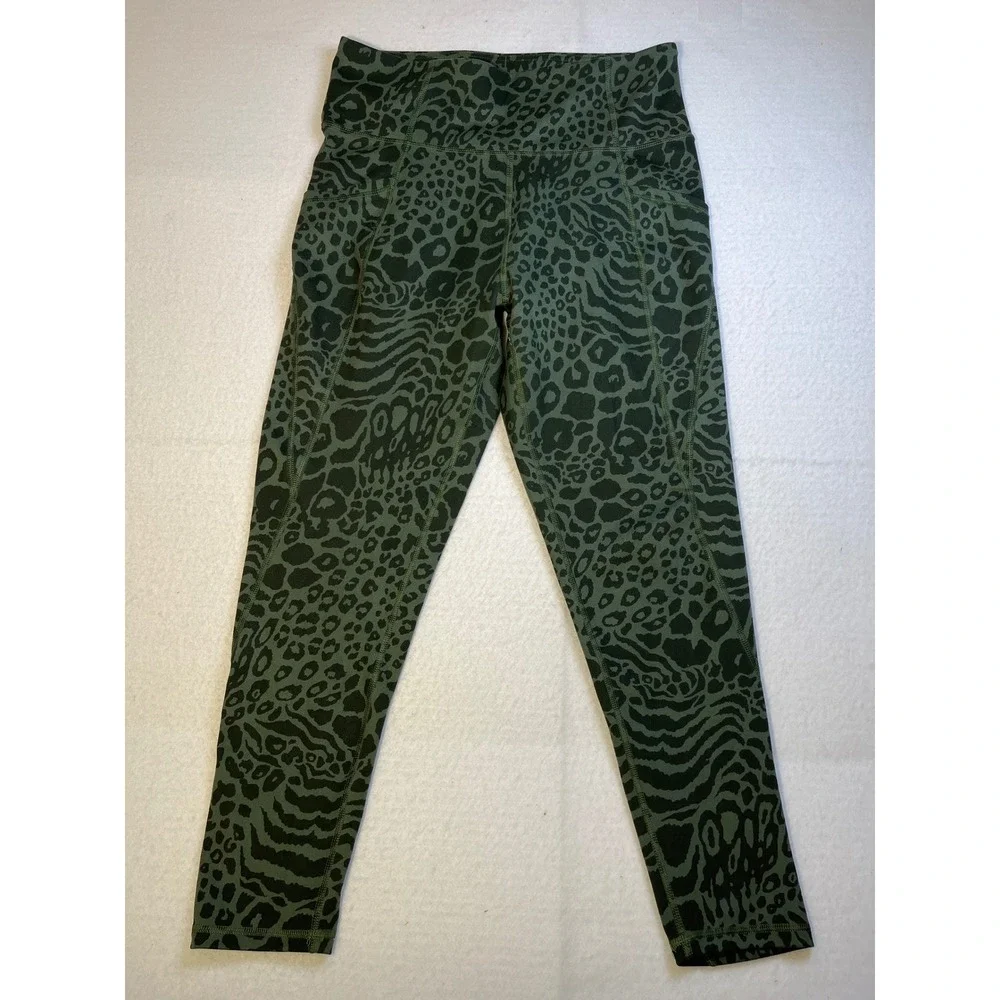 Freely Womens XL Leggings Olive Green Animal Print High Waist Pockets Athletic